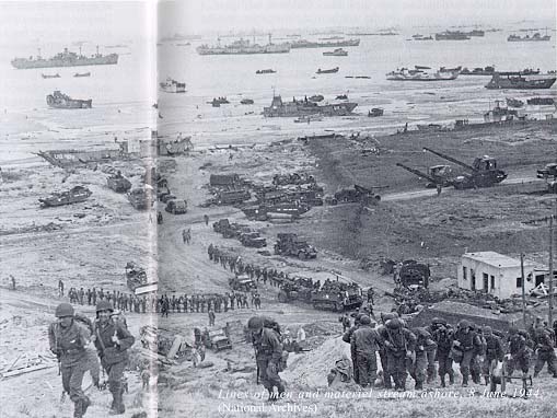 Photograph, Lines of men and material stream ashore, 8 June 1944.